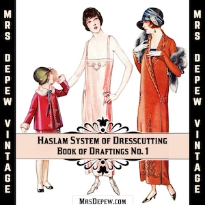 Może przedstawiać: Winietkowa ilustracja trzech kobiet w sukienkach z systemu Haslam System of Dresscutting Book of Draftings No. 1. Kobieta po lewej stronie nosi czerwoną sukienkę z białym kołnierzykiem i zielonym kapeluszem. Kobieta w środku nosi różową sukienkę z koronkowym wzorem. Kobieta po prawej stronie nosi długą pomarańczową sukienkę z futrzanym kołnierzem i czarnym kapeluszem.
