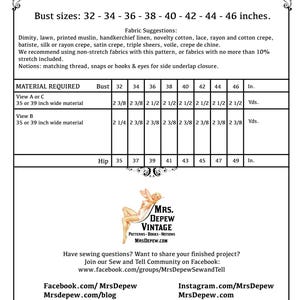 May include: A vintage sewing pattern requirements sheet with bust sizes from 32 to 46 inches. Fabric suggestions include dimity, lawn, and crepe. The sheet also lists material requirements and hip measurements.