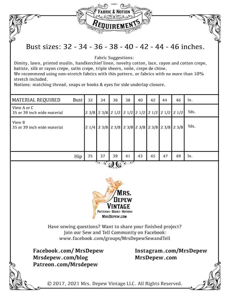 May include: A vintage sewing pattern requirements sheet with bust sizes from 32 to 46 inches. Fabric suggestions include dimity, lawn, and crepe. The sheet also lists material requirements and hip measurements.