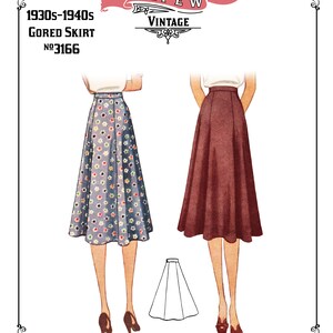May include: Vintage sewing pattern for a gored skirt from the 1930s-1940s. The pattern is called "Mrs. Depw Vintage" and the number is 3166. The pattern shows two women wearing the skirt, one in a floral print and the other in a solid color. The pattern also includes a diagram of the skirt.