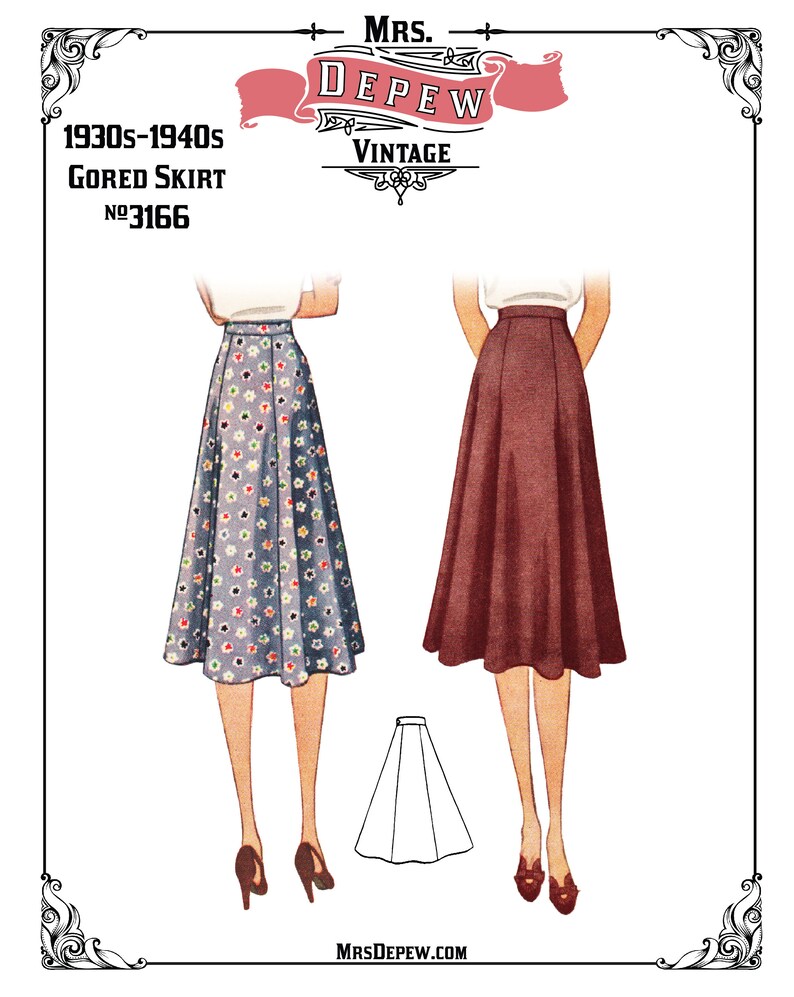 May include: Vintage sewing pattern for a gored skirt from the 1930s-1940s. The pattern is called "Mrs. Depw Vintage" and the number is 3166. The pattern shows two women wearing the skirt, one in a floral print and the other in a solid color. The pattern also includes a diagram of the skirt.