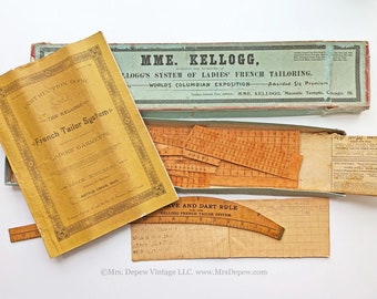 Seltene Mme. Kellogg System of Ladies French Tailoring Antique Pattern Zeichenwerkzeuge und Booklet in Box