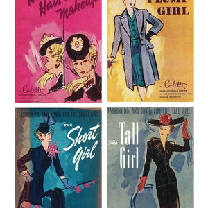 May include: Four vintage book covers featuring fashion advice for different body types. The covers are illustrated with women wearing stylish outfits and hats. The titles are "Hats Hair-do's Makeup", "The Plump Girl", "The Short Girl", and "The Tall Girl".