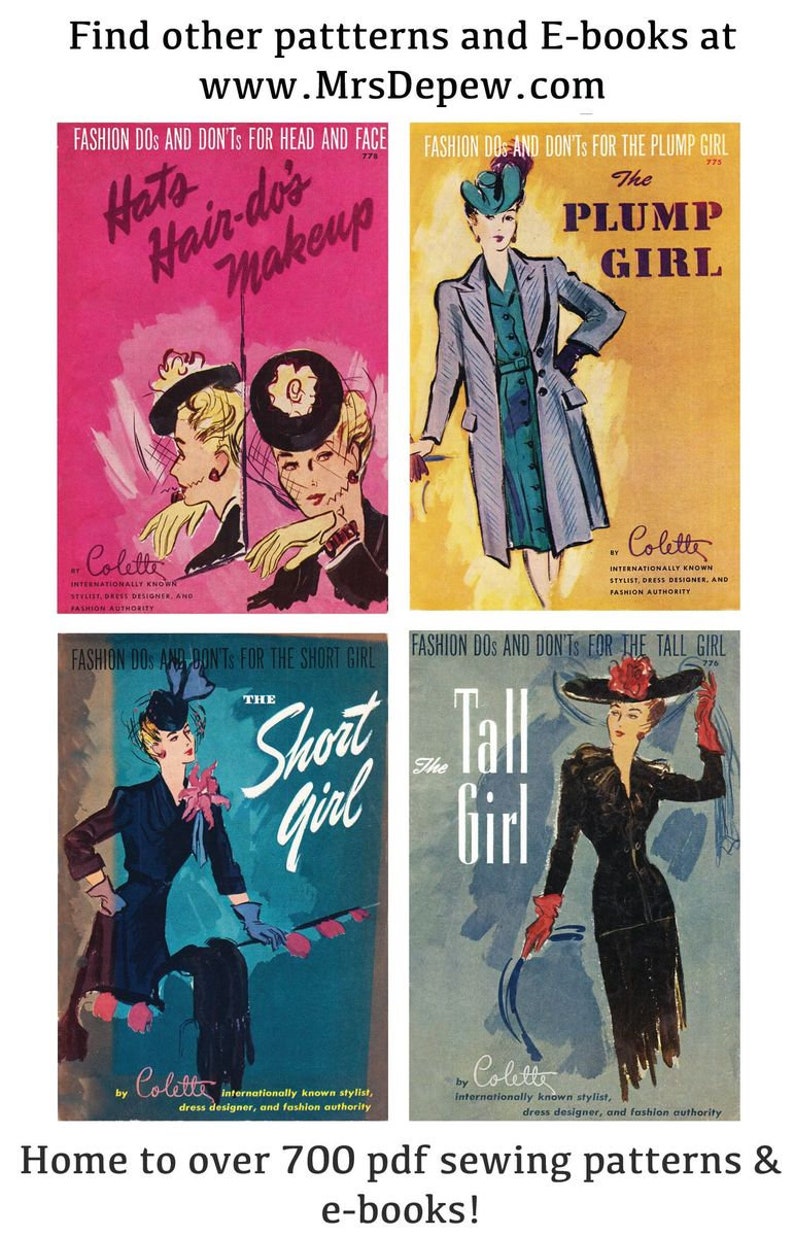 May include: Four vintage book covers featuring fashion advice for different body types. The covers are illustrated with women wearing stylish outfits and hats. The titles are "Hats Hair-do's Makeup", "The Plump Girl", "The Short Girl", and "The Tall Girl".