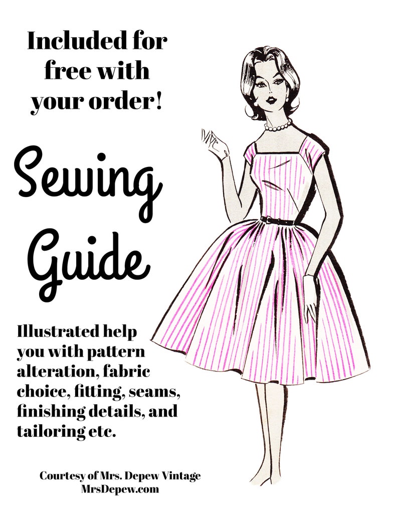 K&ouml;nnte beinhalten: Eine Schwarzwei&szlig;illustration einer Frau in einem rosa-wei&szlig; gestreiften Kleid. Der Text "Included for free with your order! Sewing Guide" befindet sich oben im Bild. Der Text "Illustrated help you with pattern alteration, fabric choice, fitting, seams, finishing details, and tailoring etc." befindet sich unter dem Bild. Der Text "Courtesy of Mrs. Depew Vintage MrsDepew.com" befindet sich unten im Bild.