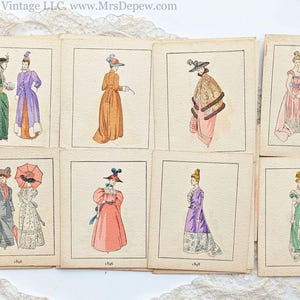 Coleção francesa raríssima de gravuras de moda coloridas à mão, La Mode Feminine, 1870-1900.