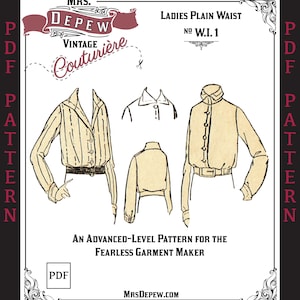 Op de afbeelding: Vintage naaipatroon voor een dames taille, met drie shirtontwerpen met knoopsluitingen en riemen. Het patroon is gelabeld "Mrs. Depew Vintage Couturière" en bevat de tekst "An Advanced-Level Pattern for the Fearless Garment Maker."