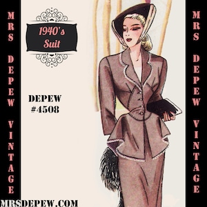 May include: Illustration of a vintage 1940's suit. The suit is brown with white trim and a peplum jacket. The image includes the text "1940's Suit", "DEPEW #4508", and "MRS DEPEW VINTAGE".