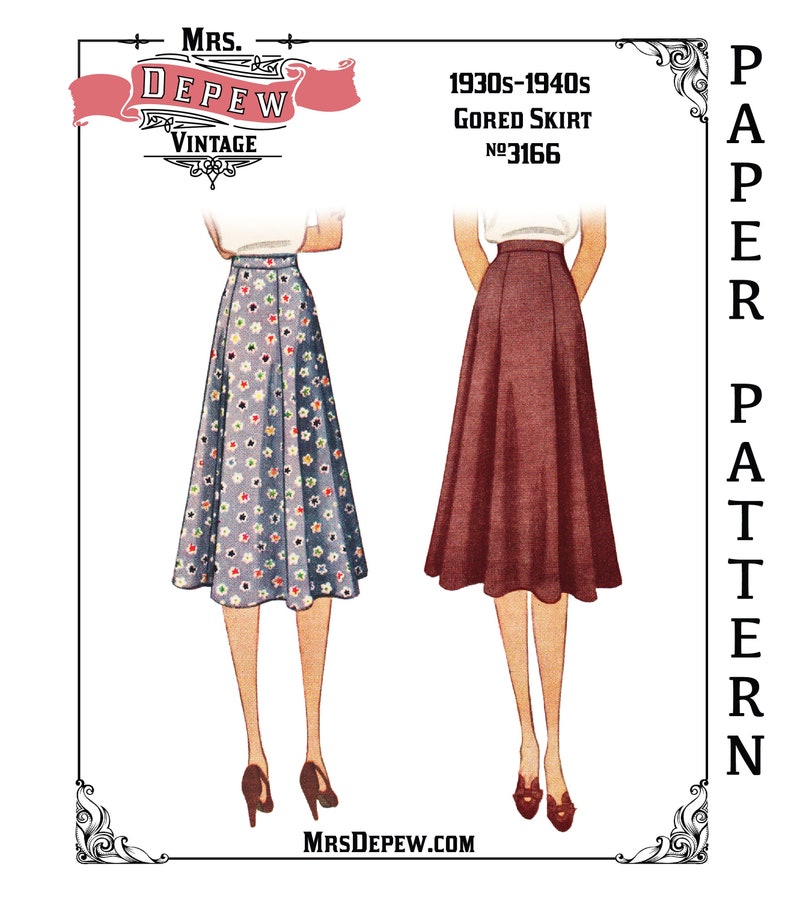 May include: A vintage sewing pattern for a 1930s-1940s gored skirt, pattern number 3166. The pattern is illustrated with two women wearing the skirt, one in a blue and white floral print and the other in a burgundy color.