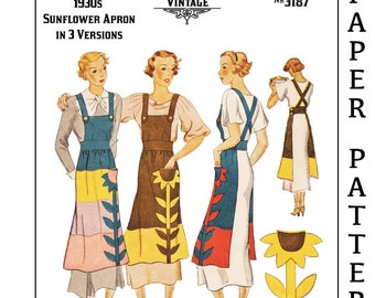 Vintage Sewing Pattern 1930s Ladies' Aprons With Sunflower Applique Pocket #3187- PAPER VERSION