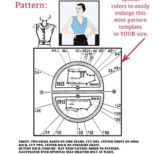May include: A black and white diagram of a sewing pattern for a sleeveless top. The pattern includes instructions and measurements for the front and back pieces. The text on the diagram reads "DEPEW #E-1913", "FRONT", "BACK", "devant", "milieu sans couture", "dos", "1913", and "Use the included special rulers to easily enlarge this mini pattern template to YOUR size."