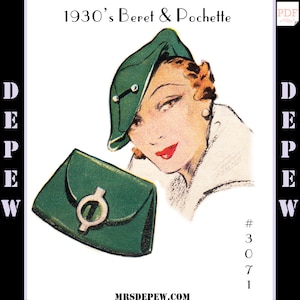 May include: A vintage illustration of a woman wearing a green beret and holding a green handbag with a silver clasp. The illustration is titled "1930's Beret & Pochette" and includes the text "MRSDEPEW.COM" and "#3071".