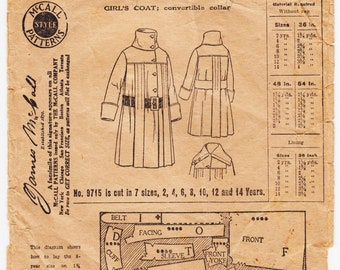 Vintage Sewing Pattern 1910s McCall 9715 Girl's Girl's Coat with Convertible Collar Size 4