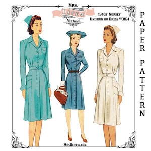 Vintage Sewing Pattern 1940s Nurses' Uniform or Shirtwaist Dress #3164 Multisize- PAPER VERSION