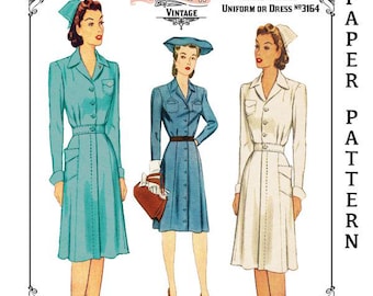 Vintage Sewing Pattern 1940s Nurses' Uniform or Shirtwaist Dress #3164 Multisize- PAPER VERSION