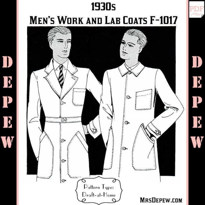 1930s Sewing Patterns- Dresses, Pants, Tops Menswear Vintage Sewing Pattern 1930s Mens Work or Lab Coat in Any Size Depew F-1017 - Plus Size -INSTANT DOWNLOAD- $8.50 AT vintagedancer.com