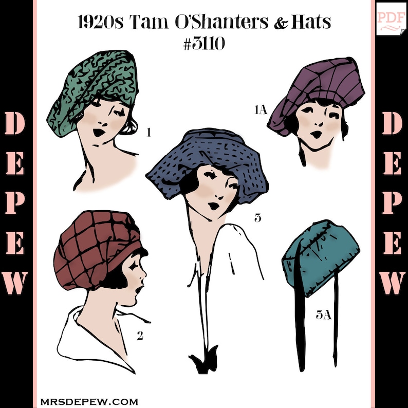 Edwardian Hats, Titanic Hats, Tea Party Hats Vintage Sewing Pattern 1910s - 1920s Ladies’ Tam-O’Shanter & Hats #3110 -INSTANT DOWNLOAD PDF $7.50 AT vintagedancer.com