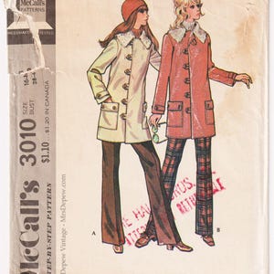May include: Vintage McCall's 3010 sewing pattern for Misses' car coats. The pattern features illustrations of two women wearing coats with faux fur collars, button closures, and pockets. The pattern includes the size and bust measurements.