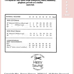 K&ouml;nnte beinhalten: Eine schwarz-wei&szlig;e N&auml;hmusterkarte mit Anweisungen zum N&auml;hen eines Kleidungsst&uuml;cks. Die Karte enth&auml;lt Stoffanforderungen, K&ouml;rperma&szlig;e und eine Gr&ouml;&szlig;entabelle f&uuml;r Brust, Taille und H&uuml;fte. Die Karte ist mit "Fabric Requirements" betitelt und enth&auml;lt den Text "Mrs. Depew Vintage" und "Happy Sewing!"
