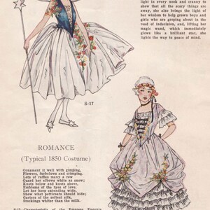 May include: Vintage illustration featuring two women in period costumes. One is a fairy with large wings and a star wand, the other in a ruffled gown with floral accents. Text includes "LIGHT-OF WAY" and "ROMANCE".