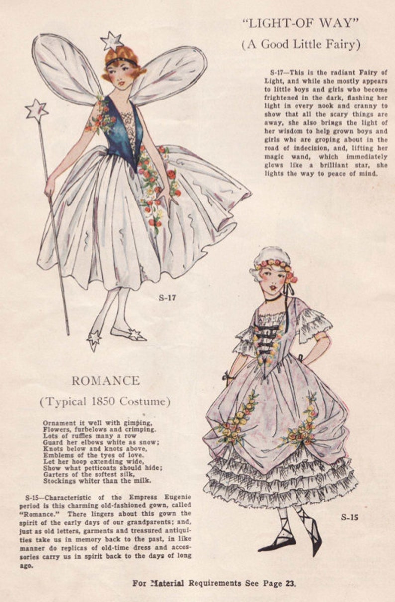 May include: Vintage illustration featuring two women in period costumes. One is a fairy with large wings and a star wand, the other in a ruffled gown with floral accents. Text includes "LIGHT-OF WAY" and "ROMANCE".