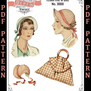 1934 Vintage Sewing Pattern 1930s Poke Bonnet Hat & Bracelet Handle Bag PDF #3088 -INSTANT DOWNLOAD-