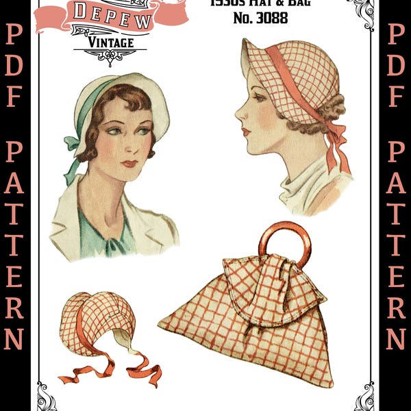 Patrón de costura vintage de 1934 para sombrero Poke Bonnet de los años 30 y bolso con asa de pulsera (PDF n.° 3088 - DESCARGA INSTANTÁNEA -)