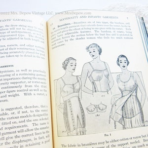 May include: A vintage book page with a black and white illustration of three women wearing different types of corsets and brassieres. The text on the page discusses the importance of restraining garments for women during pregnancy. The text reads "Maternity and Infants' Garments" and "Brassieres".