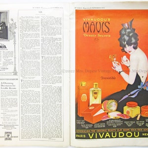 May include: A vintage advertisement for Vivaudou's Mavis Beauty Secrets featuring a woman in a black dress applying makeup with a compact mirror. The ad includes a variety of beauty products, including face powder, toilet water, and lip stick. The text on the ad reads "Mineralava the Original Beauty Clay Keeps Your Face Always Young."