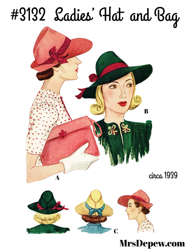 1930s Style Hats | Buy 30s Ladies Hats Vintage Sewing Pattern Ladies 1930s Hat & Bag #3132 -INSTANT DOWNLOAD PDF-  AT vintagedancer.com