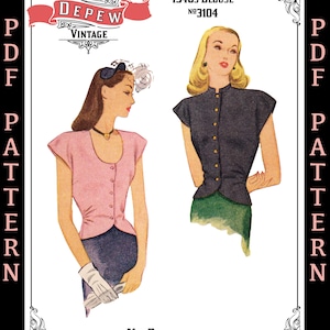 Vintage Sewing Pattern Ladies&#39; 1940s Button-Down Blouse 30-50&quot; Bust #3104 -INSTANT DOWNLOAD