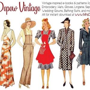 May include: Illustration of seven vintage fashion designs, including dresses, overalls, and a coat. The image features the text "Mrs. Depew Vintage" and information about downloadable patterns for various garments. The color palette includes greens, oranges, and browns.