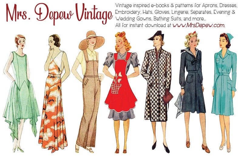 May include: Illustration of seven vintage fashion designs, including dresses, overalls, and a coat. The image features the text "Mrs. Depew Vintage" and information about downloadable patterns for various garments. The color palette includes greens, oranges, and browns.