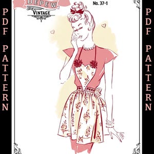 Könnte beinhalten: Vintage-Illustration eines herzförmigen Schürzenmusters aus den 1940er Jahren. Das Design zeigt eine Frau in einem rosa Oberteil und einem floralen Rock. Der Text auf dem Bild lautet "MRS. DEPEW VINTAGE" und "1940s Heart-Shaped Apron No. 37-1".