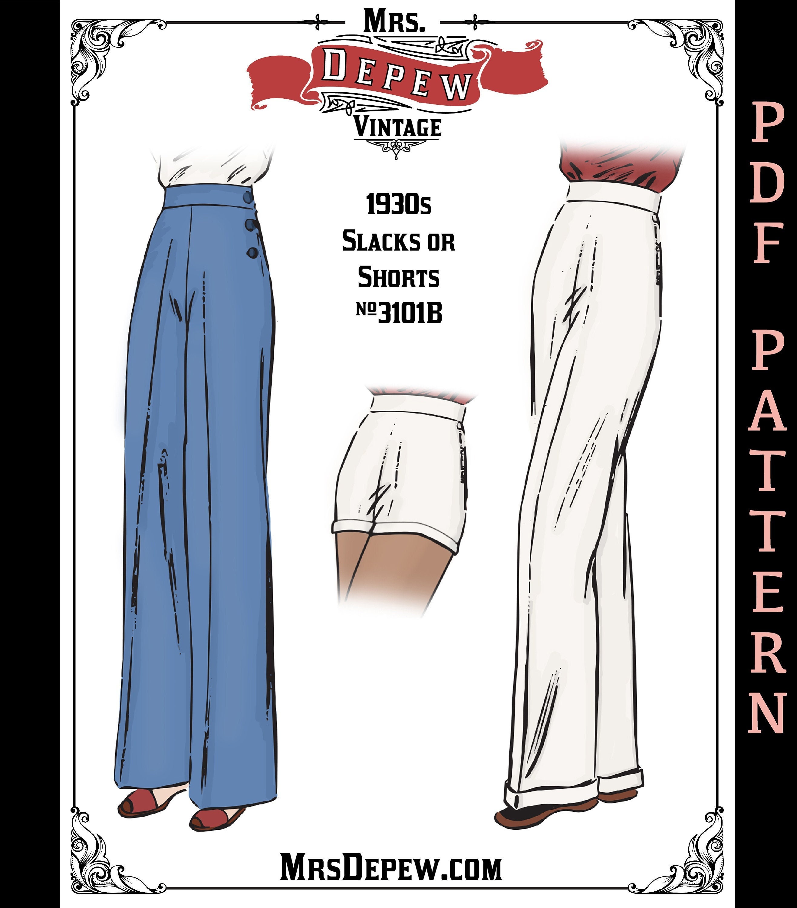 Wide Leg Trousers Vintage Sewing Pattern 1930s 1940s Slacks and Shorts  3101B 25-45 Waist INSTANT DOWNLOAD PDF 