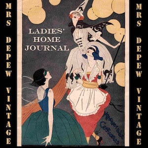 May include: Vintage magazine cover art featuring three women in masquerade costumes. The cover includes the text "Ladies' Home Journal" and "Masquerade Costumes." The color palette includes black, white, red, blue, and green.