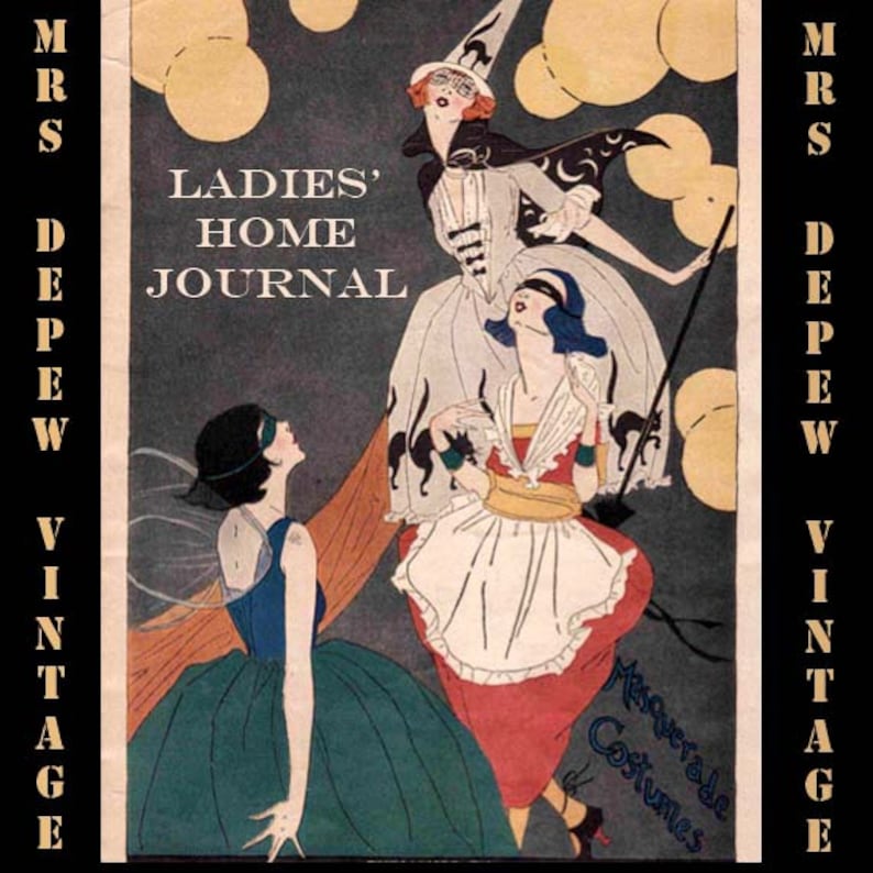 May include: Vintage magazine cover art featuring three women in masquerade costumes. The cover includes the text "Ladies' Home Journal" and "Masquerade Costumes." The color palette includes black, white, red, blue, and green.