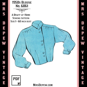 Vintage naaipatroon sjabloon & schaallinialen jaren 1950 blouse met lange mouwen in elke maat - PLUS maat inbegrepen - 6061 -INSTANT DOWNLOAD-