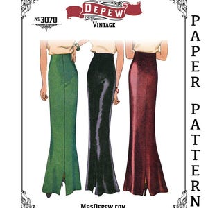 May include: A sewing paper pattern labeled Mrs. Depew Vintage No. 3070 featuring illustrations of three high-waisted, floor-length skirts in green, black, and dark red. Each skirt has a slim fit and a center front or back slit at the hemline.