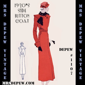 May include: A vintage 1930's side button coat sewing pattern. The pattern is for a red coat with a black collar and belt. The pattern is from Mrs. Dephew Vintage.