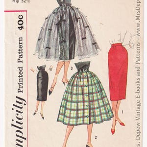 May include: Vintage Simplicity sewing pattern featuring three skirt designs. The pattern includes a pencil skirt, a button-down plaid skirt, and a layered skirt with bow accents. The waist is 23 1/2 inches and the hip is 32 1/2 inches. The pattern number is 2609.