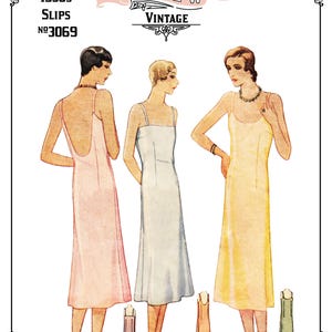 May include: Vintage illustration of 1930s slips. The image features three women in different colored slips: pink, white, and yellow. The image also includes small illustrations of the slips in different colors. The text reads "Mrs. Depew Vintage" and "1930s Slips No. 3069".