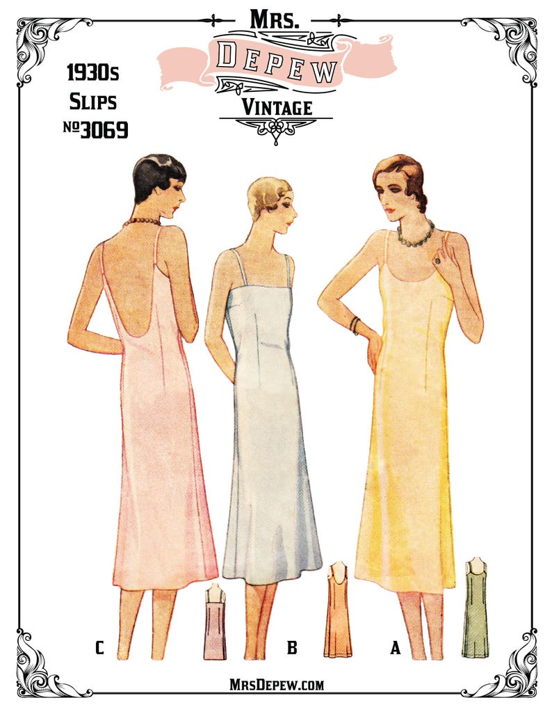 May include: Vintage illustration of 1930s slips. The image features three women in different colored slips: pink, white, and yellow. The image also includes small illustrations of the slips in different colors. The text reads "Mrs. Depew Vintage" and "1930s Slips No. 3069".