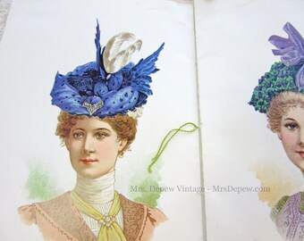 Rare Antique Hat Bonnet Milliner's Store Catalog 1900s Vintage Lithograph Prints