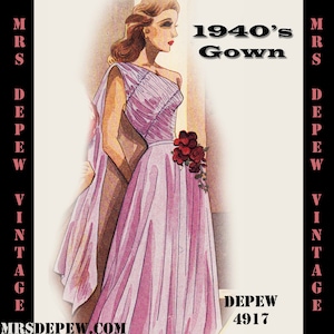 Puede incluir: Una ilustración vintage de una mujer con un vestido rosa de los años 40 con un diseño de un solo hombro. El vestido tiene una falda fluida y está decorado con pliegues. La mujer sostiene un ramo de rosas rojas.