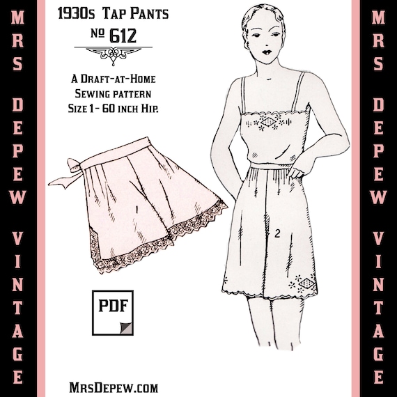 Vintage Sewing Pattern Template & Scale Rulers 1930s French Tap Pants in Any Size- PLUS Size Included-  612 -INSTANT DOWNLOAD-