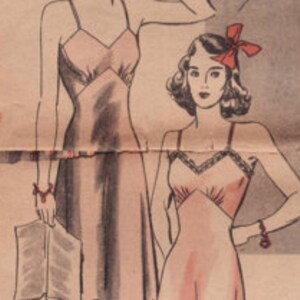 May include: Vintage illustration of two women in slip dresses. The dresses are a light pink color with delicate straps and lace detailing. One woman is holding a magazine. The image has a retro aesthetic.
