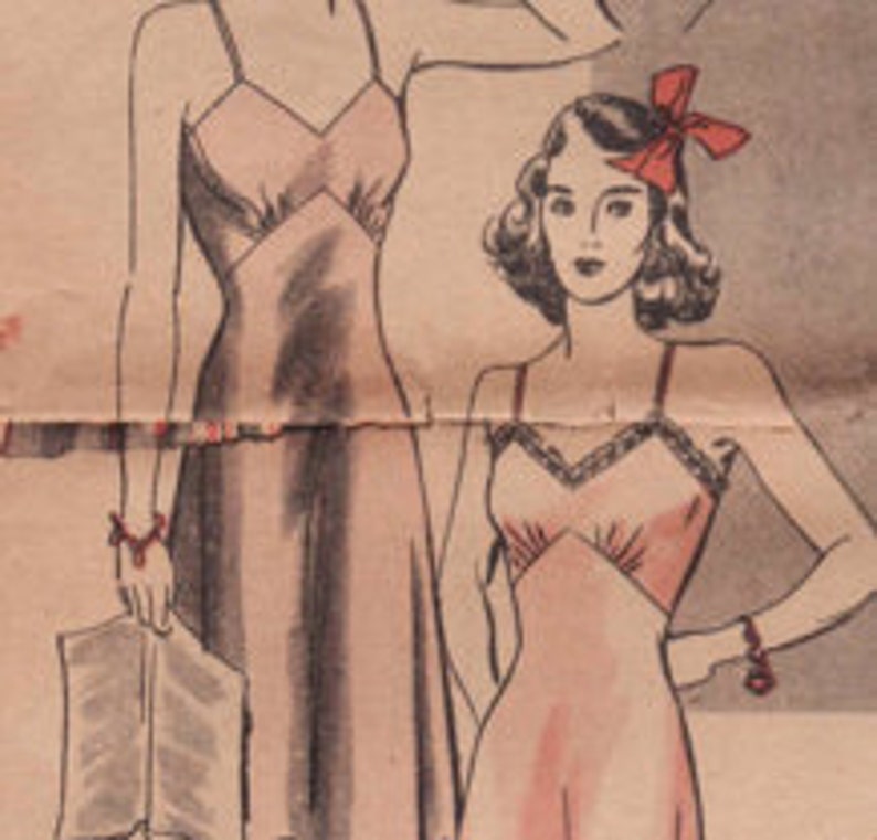 May include: Vintage illustration of two women in slip dresses. The dresses are a light pink color with delicate straps and lace detailing. One woman is holding a magazine. The image has a retro aesthetic.