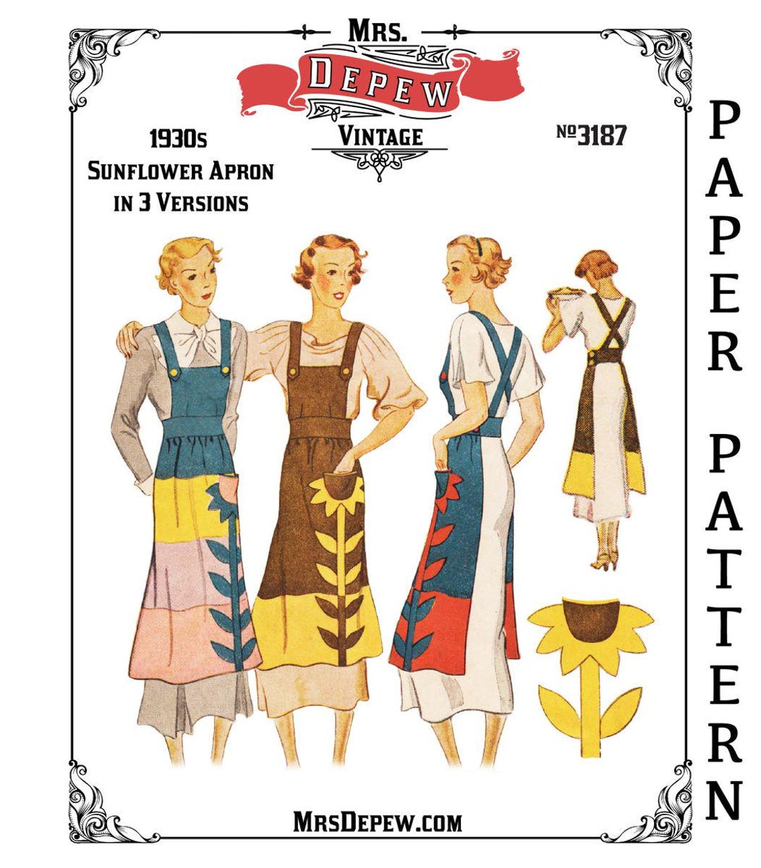 1930s Vintage Sewing Pattern Long Aprons With Sunflower Applique