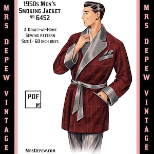 Menswear Vintage Sewing Pattern Template & Scale Rulers 1950s Men's Smoking Jacket Any Size 6452 - Plus Size Included -INSTANT DOWNLOAD-